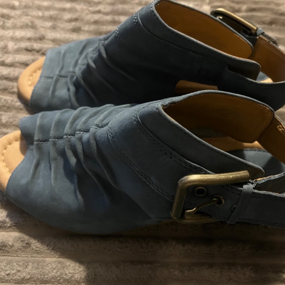 New Earth Leather Coriander Moroccan Blue  Suede Wedge Ankle Strap Sandal Size 9 - Picture 6 of 8